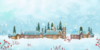 蓝色冬天雪花建筑房屋风景雪景唯美立冬展板背景